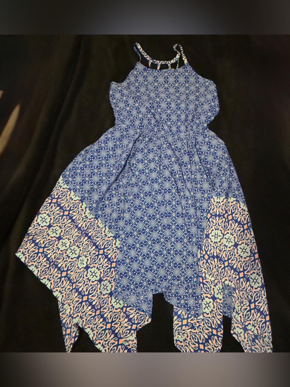 Girls Blue Printed Handkerchief Hem Skirted Dress